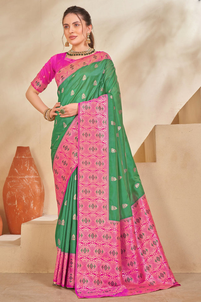 Mint Green & Pink Woven Festival Wear Silk Saree With Blouse Piece