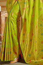 Spring Green Floral Linen Blend Banarasi Silk Saree
