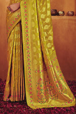 Corn Yellow & Gold-Toned Woven Design Zari Buti Silk Blend Banarasi Saree