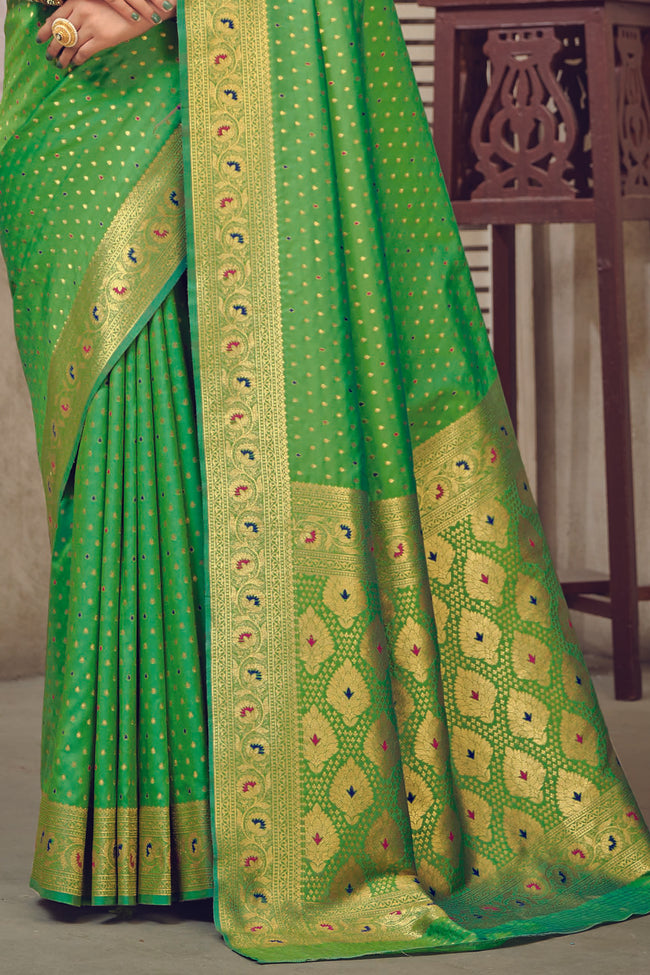 Mint Green & Gold-Coloured Ethnic Motifs Woven Design Silk Blend Banarasi Saree
