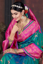 Dark Teal With Pink Border Wedding Wear Art Silk Saree