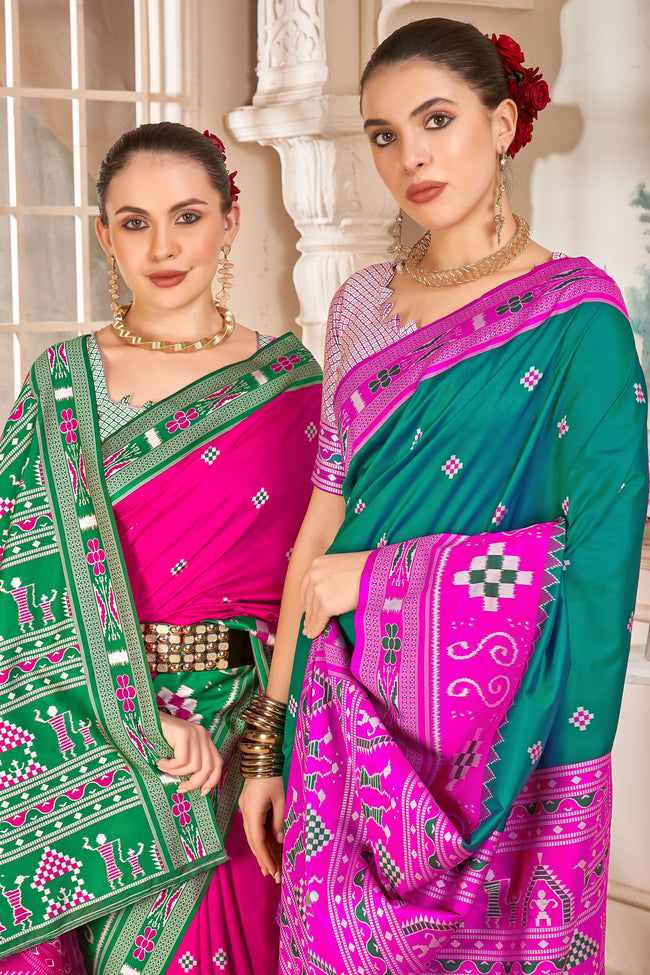 Teal With Magenta Weaving Patola Silk Traditional Saree