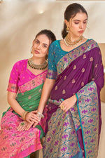 Mint Green & Pink Woven Festival Wear Silk Saree With Blouse Piece