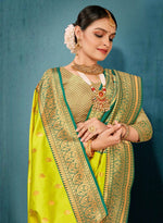 Lime Green And Teal Zari Enhanced Silk Saree With Blouse Piece