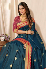 Dark Teal Blue With Red Border Woven Art Silk Saree With Blouse Piece