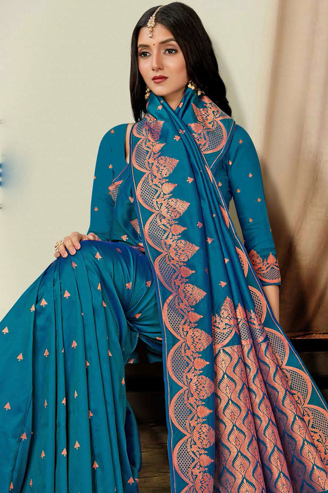 Rama Blue Woven Art Silk Saree With Blouse Piece