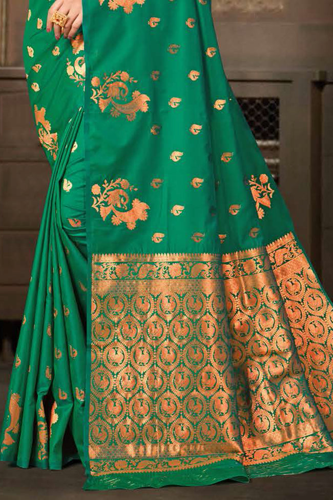 Sea Green Saree In Silk Blend With Weaved Floral Motifs And Blouse Piece