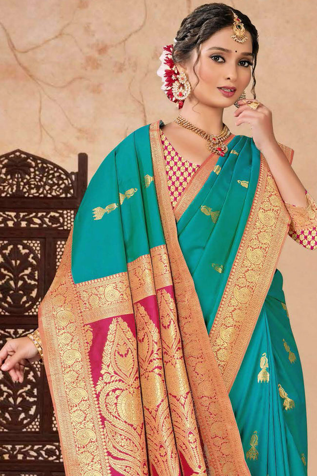 Elegant Turquoise With Red Woven Art Silk Saree