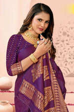 Dark Purple Saree In Silk Blend With Weaved Floral Motifs And Blouse Piece