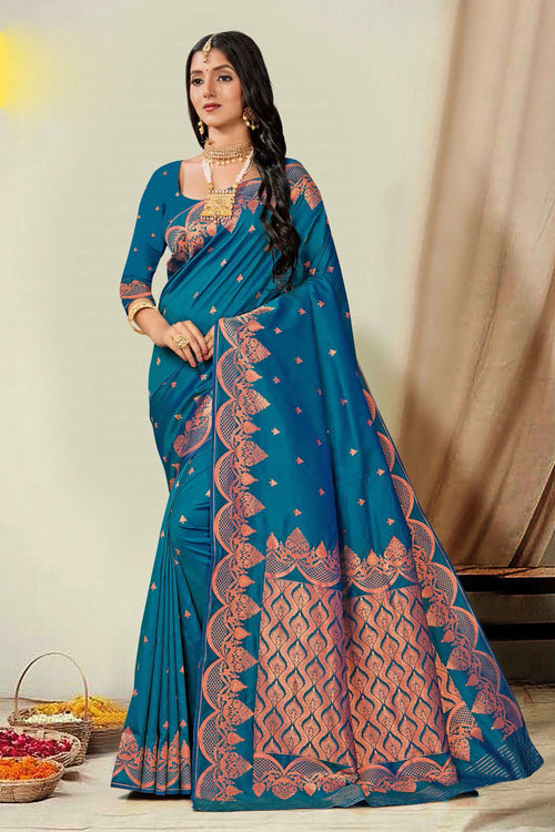 Rama Blue Woven Art Silk Saree With Blouse Piece