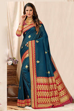 Dark Teal Blue With Red Border Woven Art Silk Saree With Blouse Piece