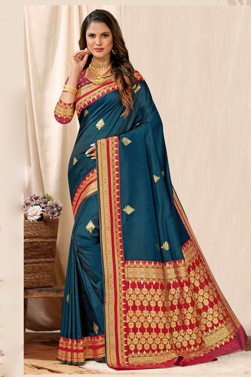 Dark Teal Blue With Red Border Woven Art Silk Saree With Blouse Piece