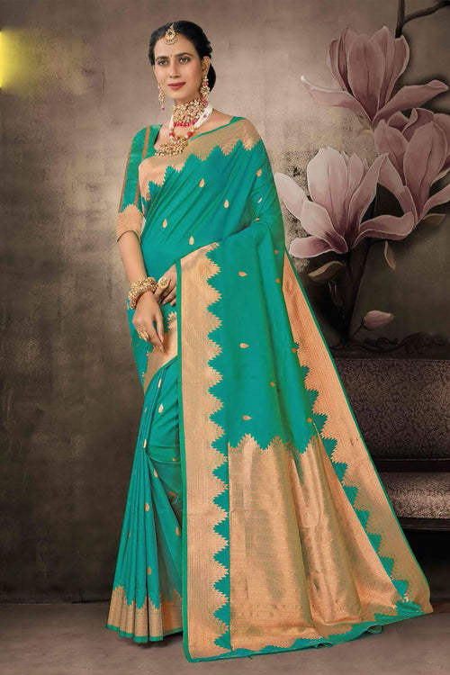 Aqua Green Art Silk Traditional Saree With Blouse Piece