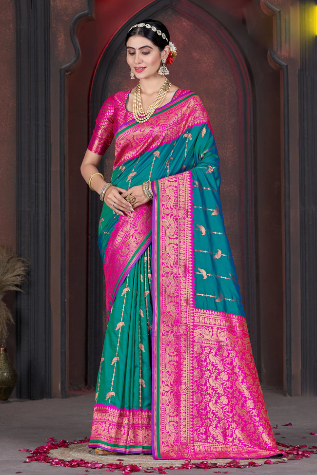 Dark Teal With Pink Border Wedding Wear Art Silk Saree