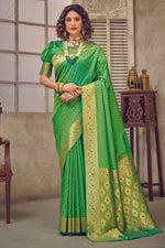 Mint Green & Gold-Coloured Ethnic Motifs Woven Design Silk Blend Banarasi Saree
