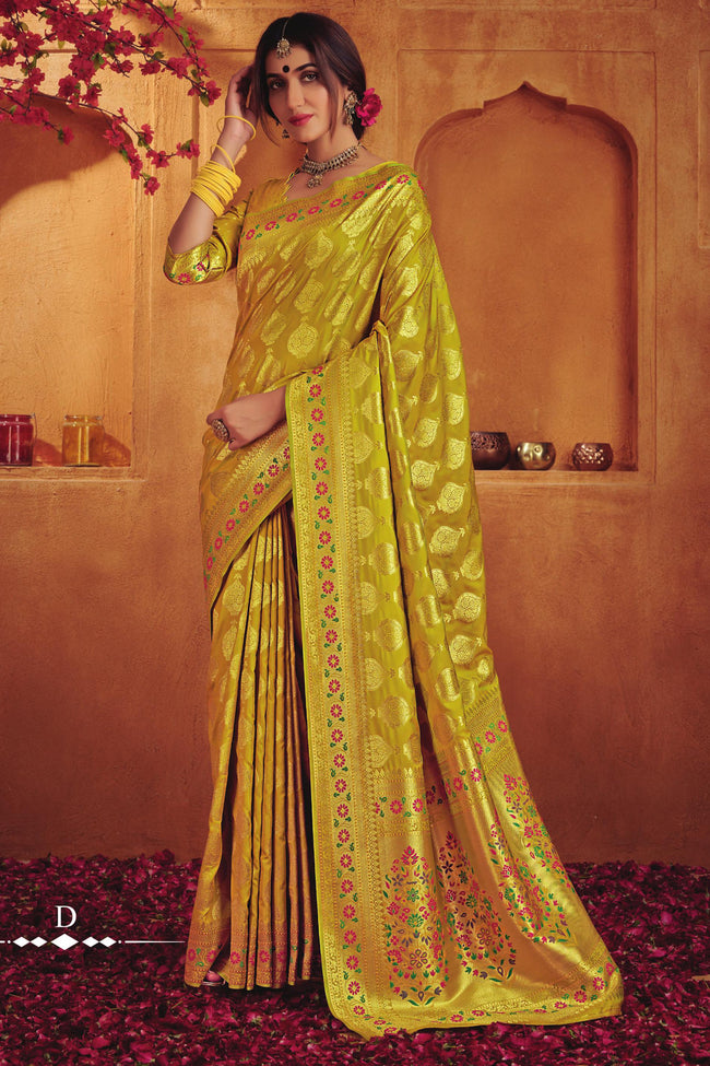 Corn Yellow & Gold-Toned Woven Design Zari Buti Silk Blend Banarasi Saree