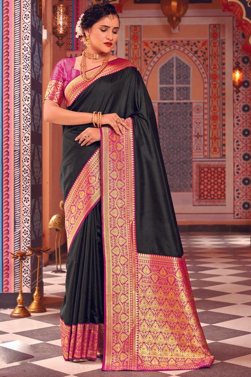 Black Color Soft Woven Silk Saree And Woven Blouse Piece
