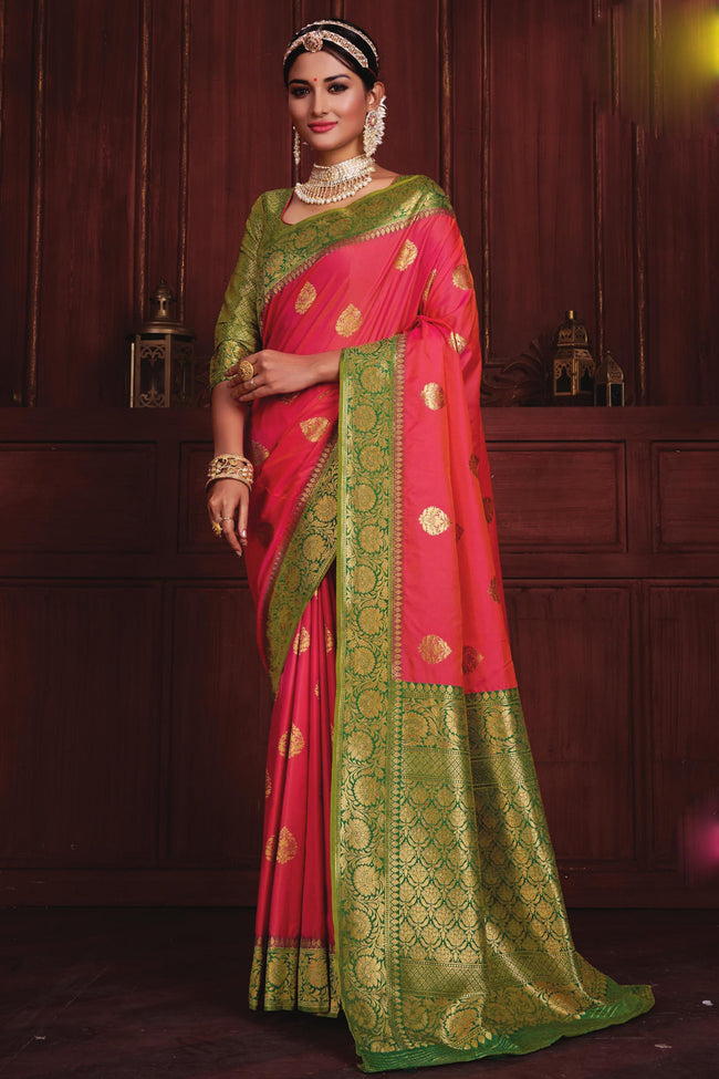 Peach with Green Border Art Silk Wedding Saree