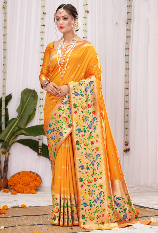 Chrome Yellow Banarasi Silk Saree With Paithani Pallu And Blouse Piece