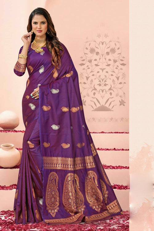 Dark Purple Saree In Silk Blend With Weaved Floral Motifs And Blouse Piece