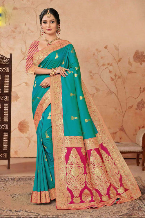 Elegant Turquoise With Red Woven Art Silk Saree