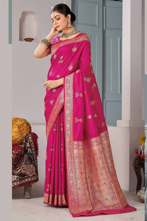 Rani Pink Banarasi Silk Festival Traditional Saree With Blouse Piece