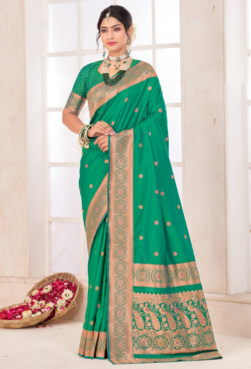 Sea Green Arts Silk Paithani Saree With Blouse Piece