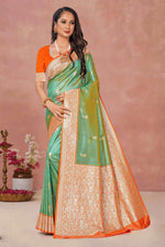 Spring Green With Orange Weaving Work Festive Wear Saree