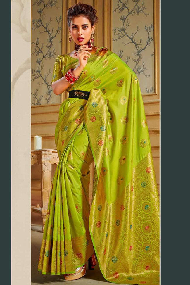 Spring Green Floral Linen Blend Banarasi Silk Saree