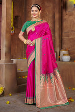 Rani Pink With Green Border Silk Traditional Saree