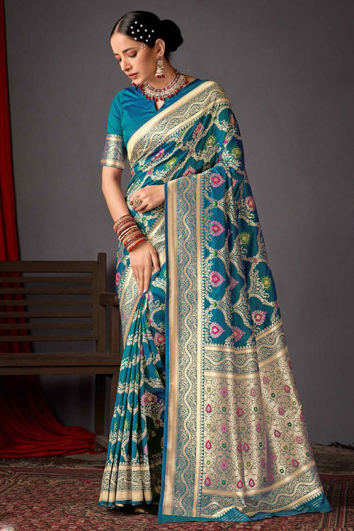 Blue Color Heavy Woven Silk Saree And Blouse Piece