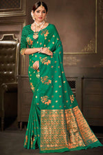 Sea Green Saree In Silk Blend With Weaved Floral Motifs And Blouse Piece