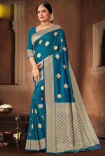 Rama Blue Saree In Art Handloom Silk With Woven Floral Buttis And Blouse Piece