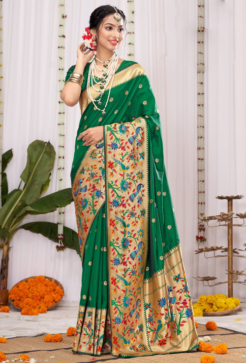 Atlantis Green Banarasi Silk Saree With Paithani Pallu And Blouse Piece