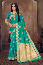 Cyan Blue Embroidered Art Silk Saree With Blouse Piece