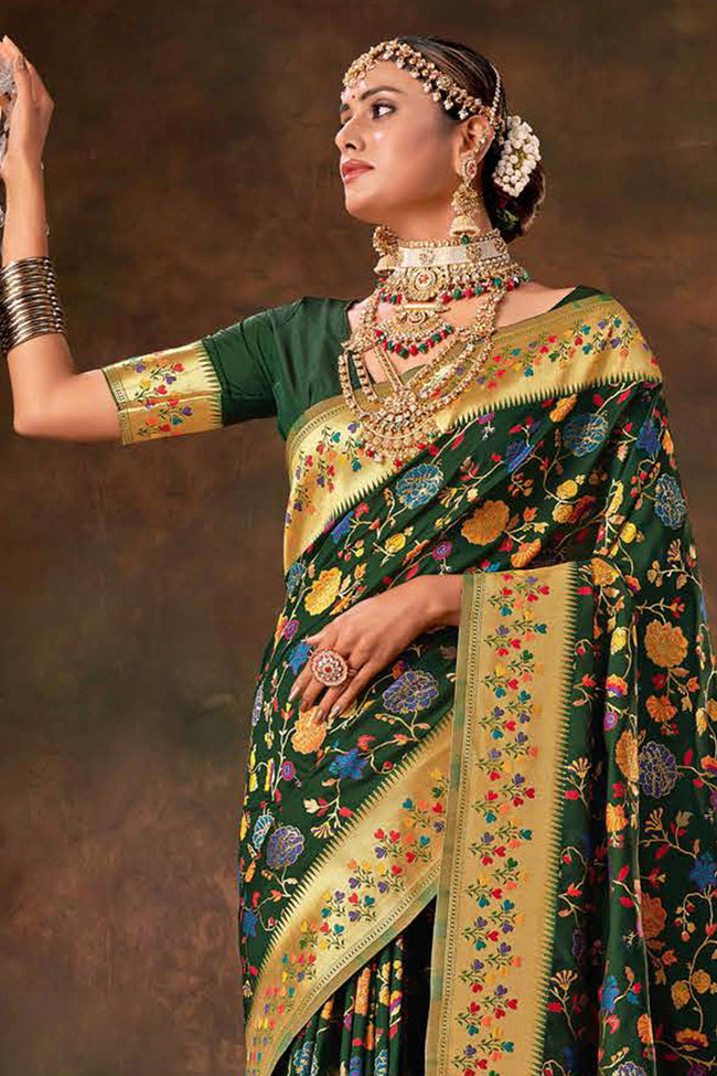 Forest Green Foil Print Silk Saree And Blouse Piece