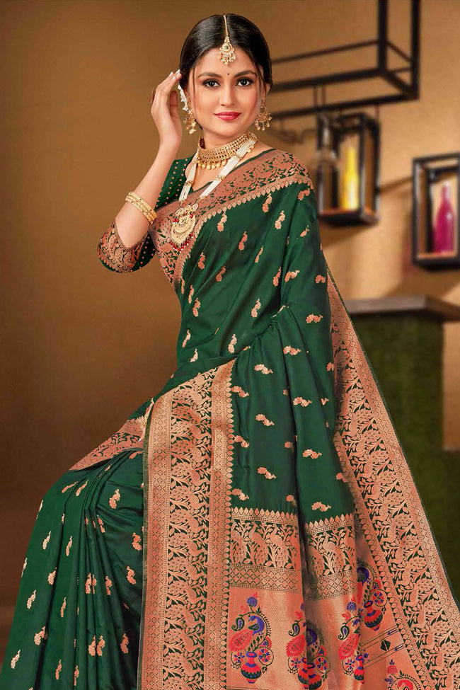 Pine Green Silk Saree And Blouse Piece