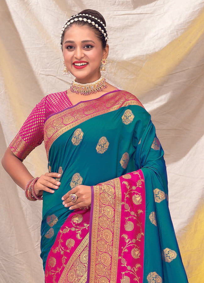 Teal Blue Soft Silk Woven Saree And Blouse Piece