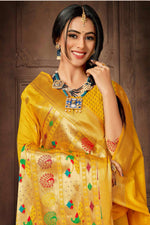 Amber Yellow Paithani Silk Saree And Blouse Piece
