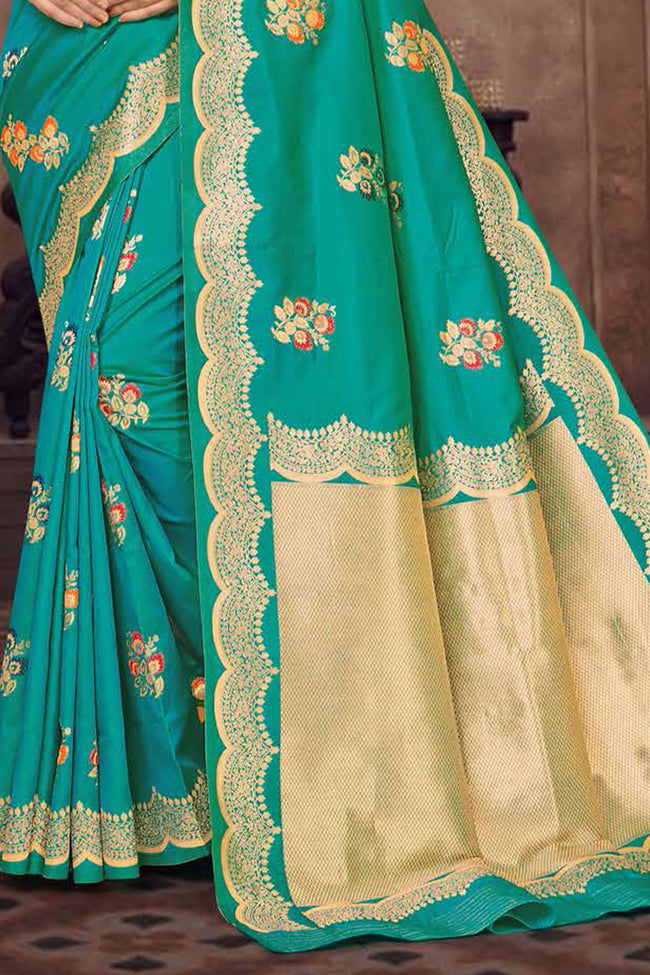 Cyan Blue Embroidered Art Silk Saree With Blouse Piece