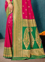 Deep Pink And Green Zari Enhanced Silk Saree With Blouse Piece