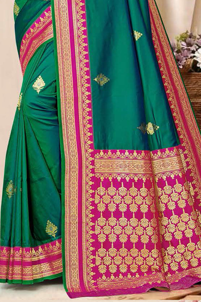 Shimmering Green With Pink Border Woven Art Silk Saree With Blouse Piece