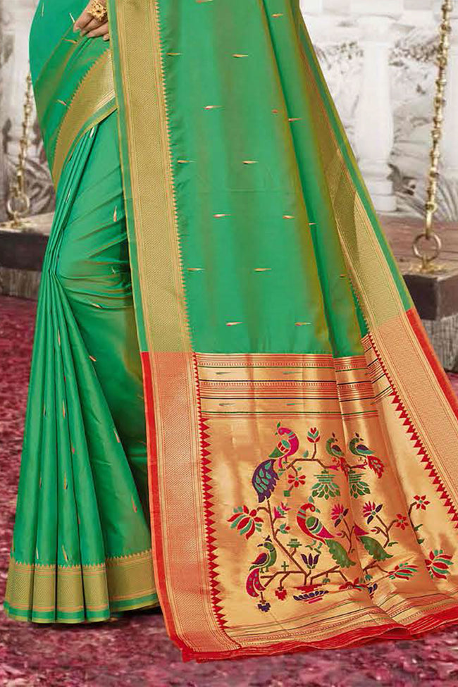 Mint Green With Red Woven Art Silk Paithani  Saree