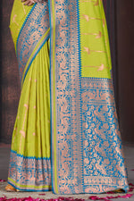 Lemon Green With Blue Border Wedding Wear Art Silk Saree