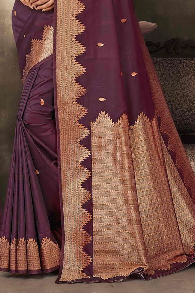 Dark Brown Art Silk Traditional Saree With Blouse Piece