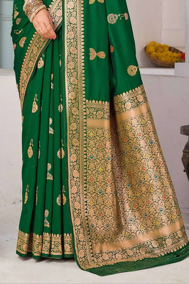 Sea Green Banarasi Silk Festival Traditional Saree With Blouse Piece