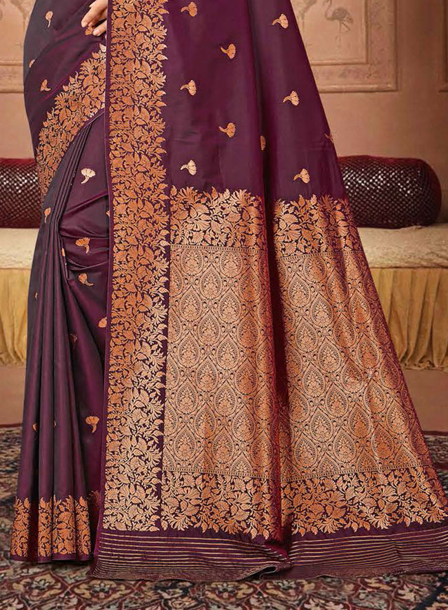 Dark Maroon Banarasi Silk Saree With Woven Floral Motifs And Blouse Piece