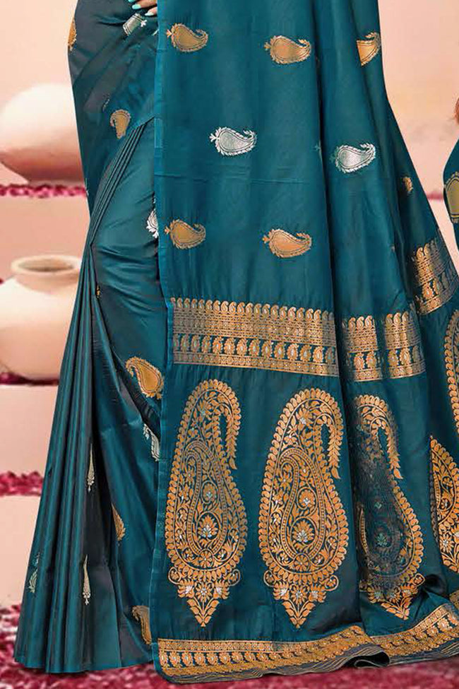 Dark Teal Saree In Silk Blend With Weaved Floral Motifs And Blouse Piece