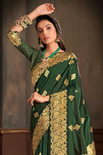 Forest Green Woven Silk Saree And Blouse Piece