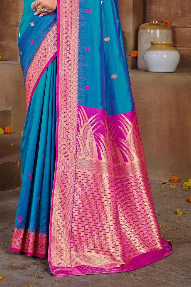 Royal Blue With Pink Border Silk Traditional Saree